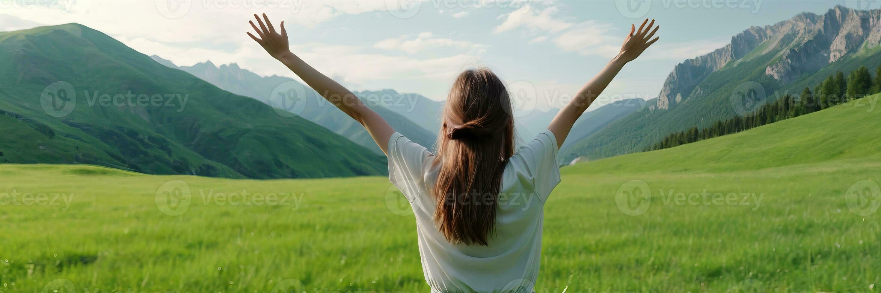 AI generated back view of woman standing on a hill with her hands up in the air photo