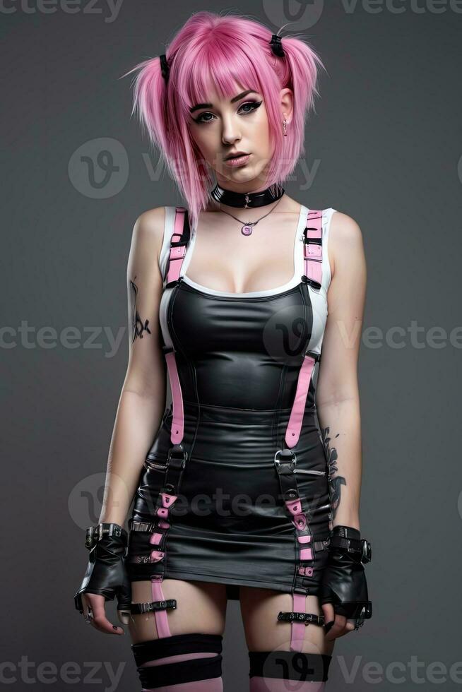 a woman with pink hair and a leather outfit photo