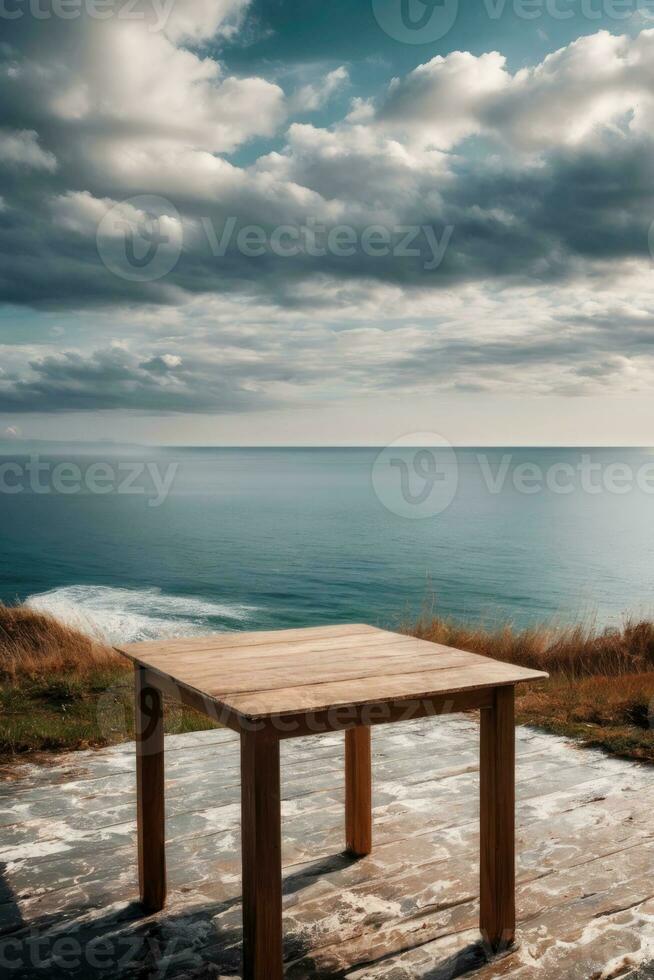 ai generado mesa en el playa con Oceano en antecedentes foto