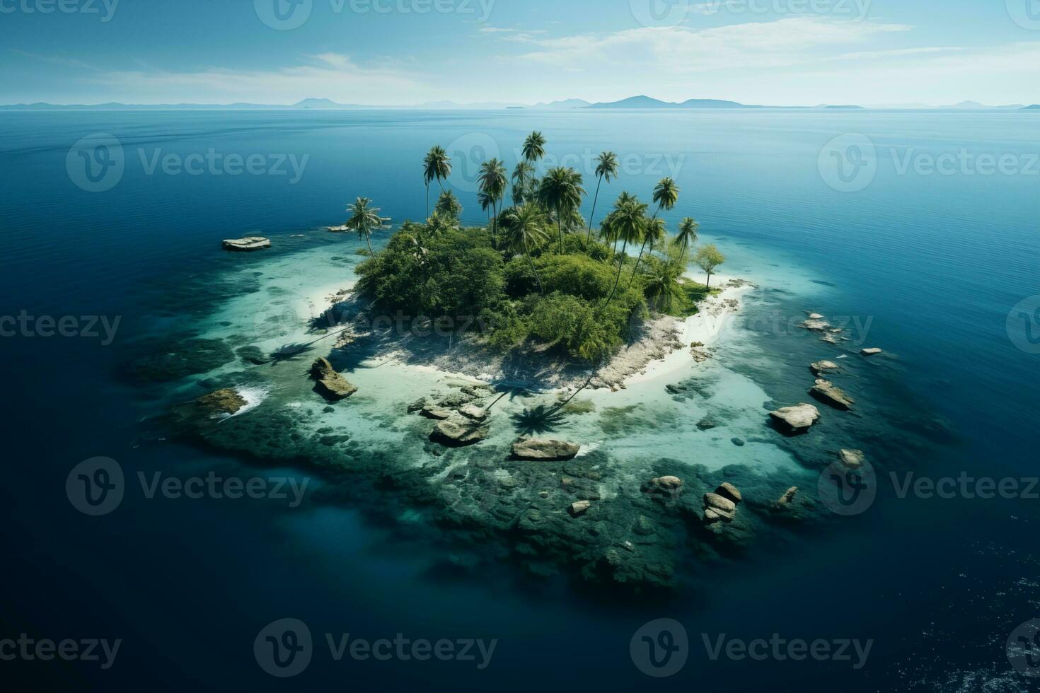 AI generated aerial view of a tiny island with palm trees in the middle of the ocean photo