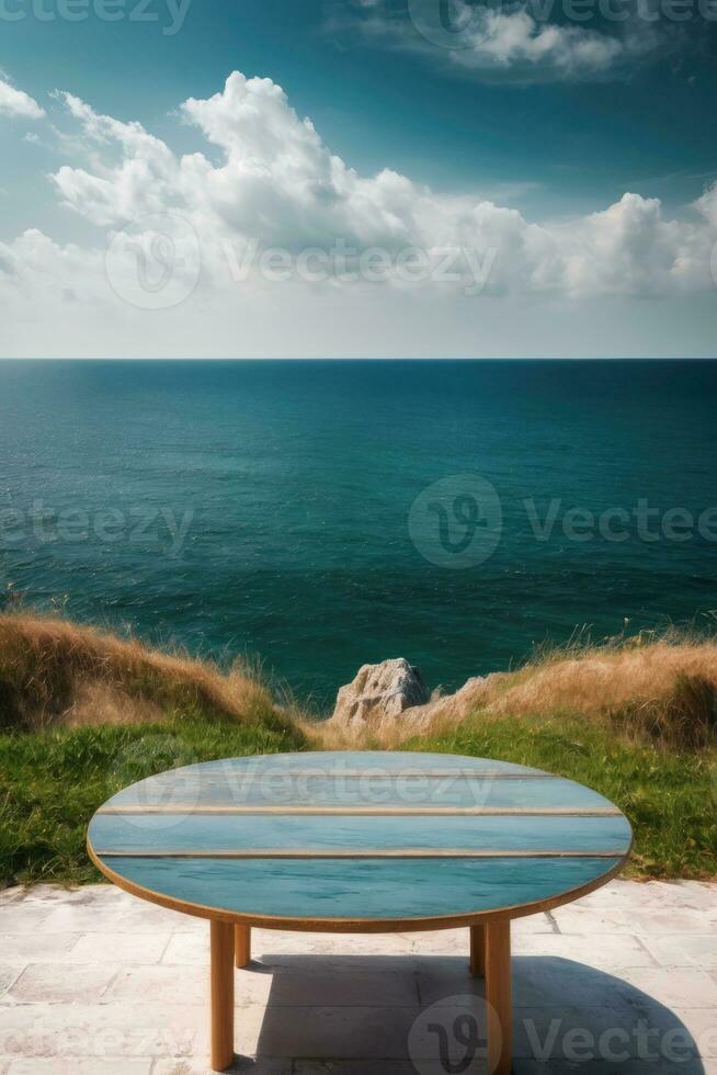 ai generado un mesa en un de madera cubierta con vista a el Oceano foto