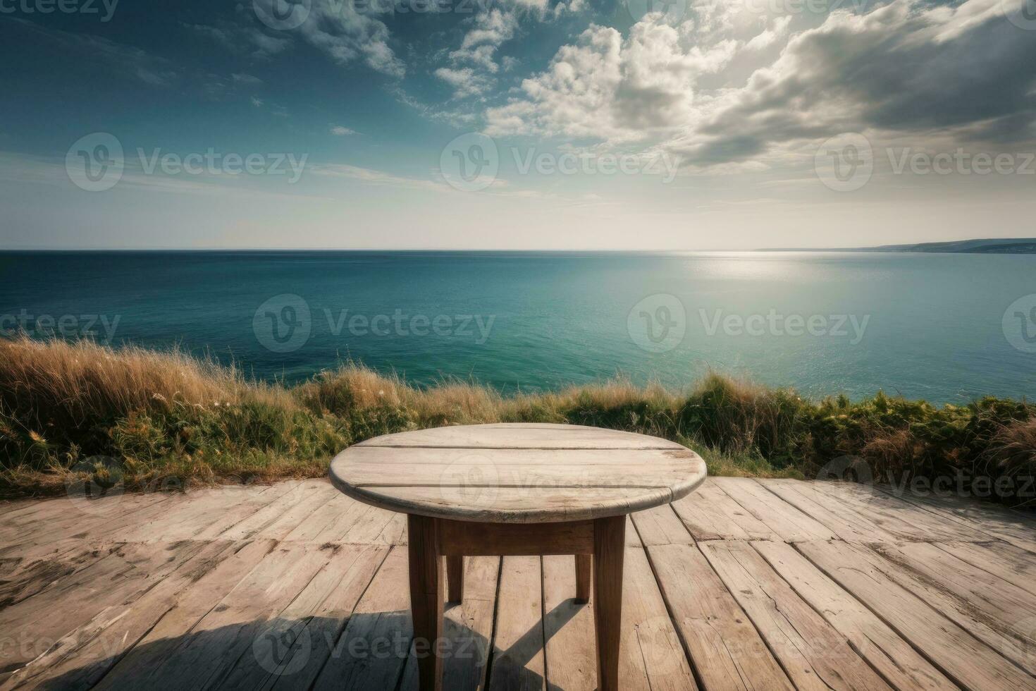 AI generated a table on a wooden deck overlooking the ocean photo