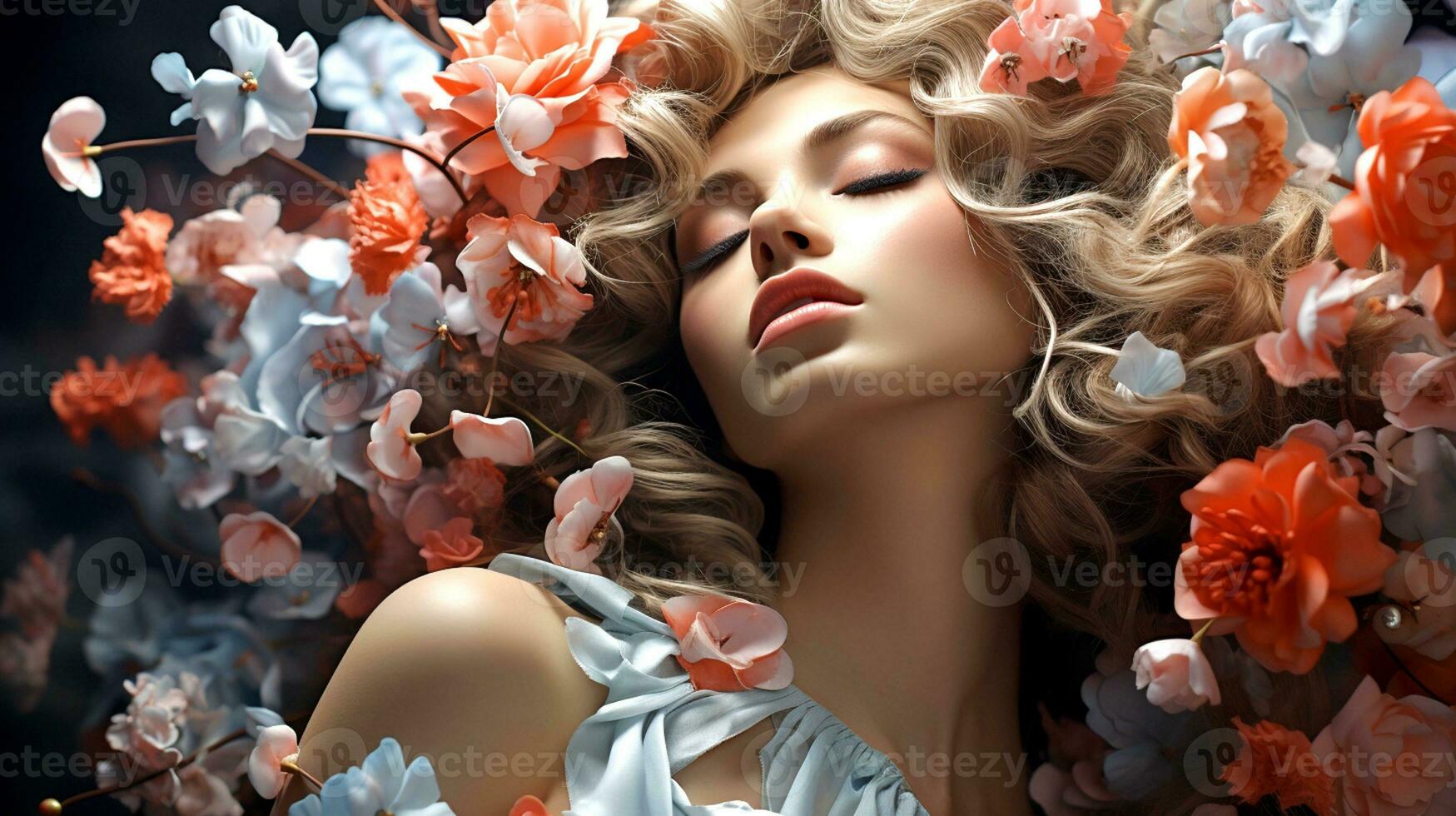 AI Generated Close-up of a young spring girl with closed eyes with curly blonde hair in a pale blue dress with a wreath of orange and blue flowers on her head photo