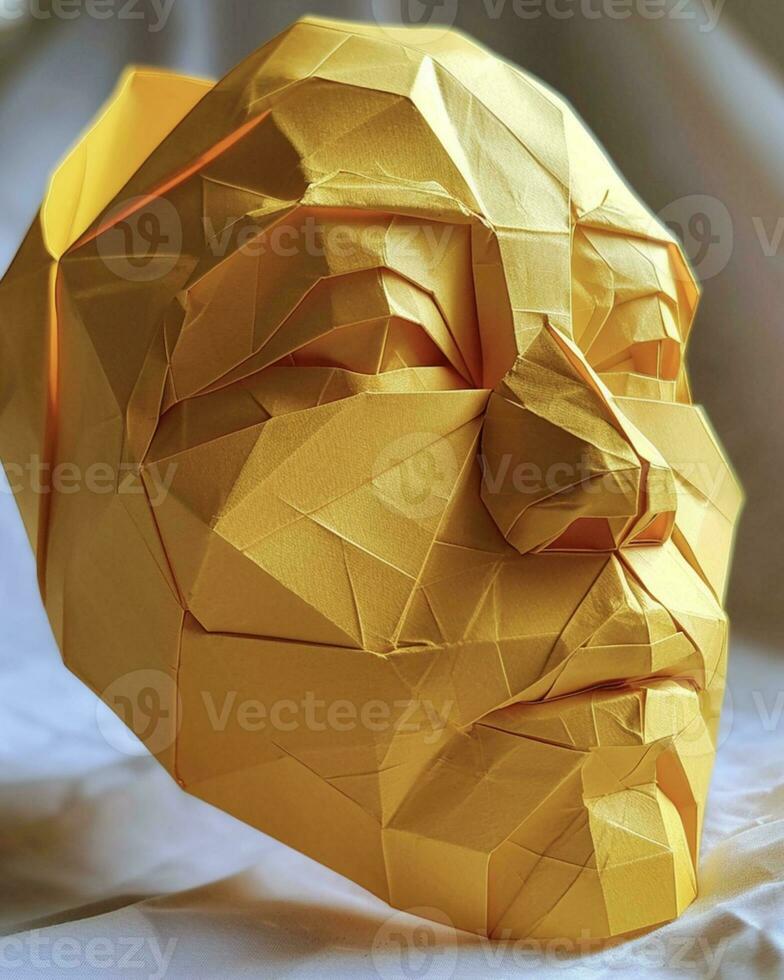 AI Generated Old woman's face made of yellow paper origami photo