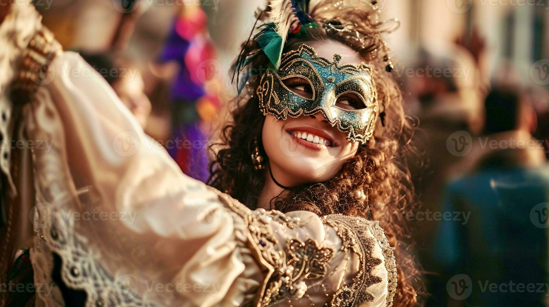 ai generado de cerca de sonriente y bailando niña en veneciano máscara al aire libre durante festival foto