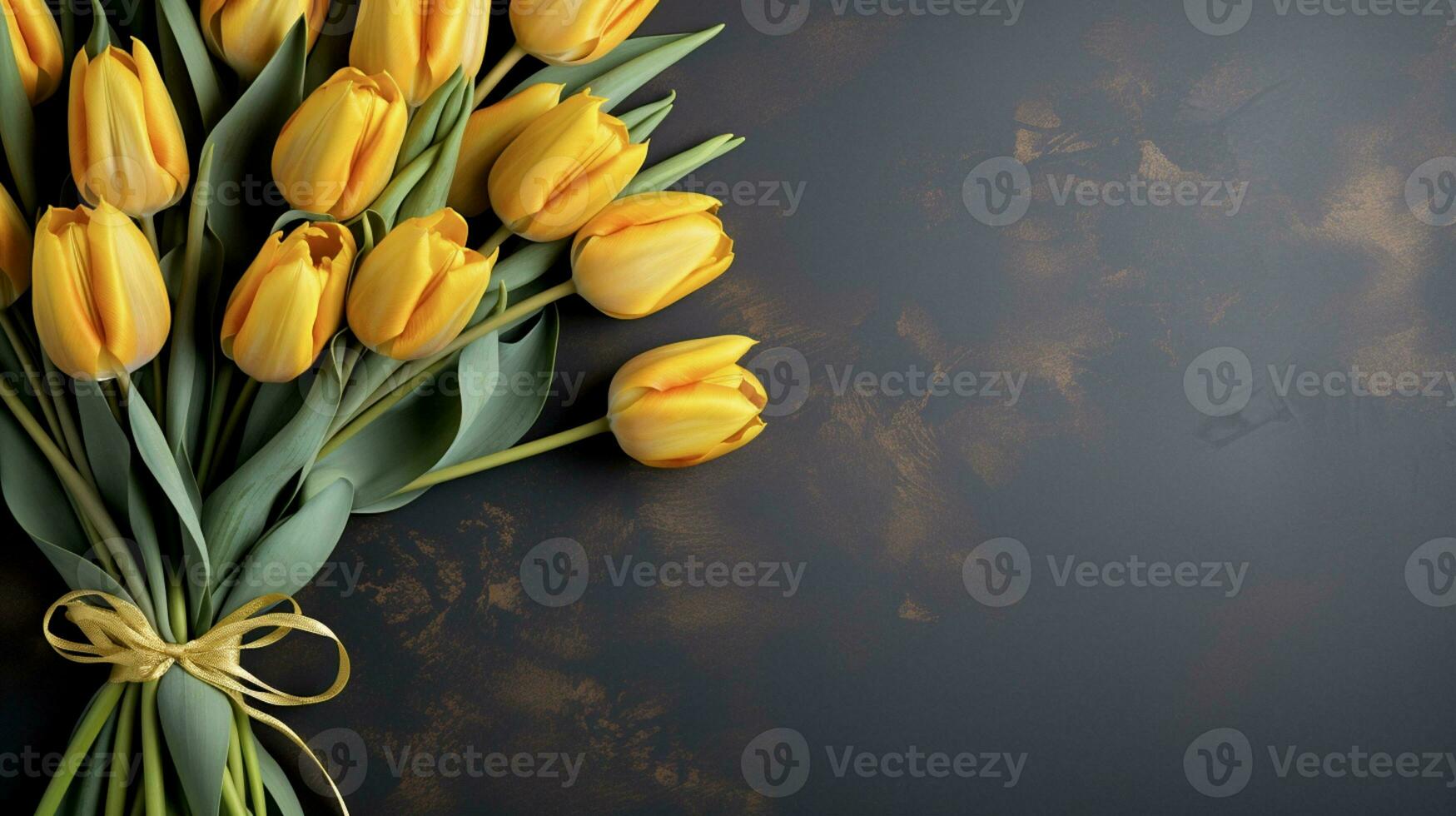 AI Generated On a dark gray concrete background, there is a bouquet of live yellow tulips tied with a yellow ribbon, the right is left blank space for the text photo