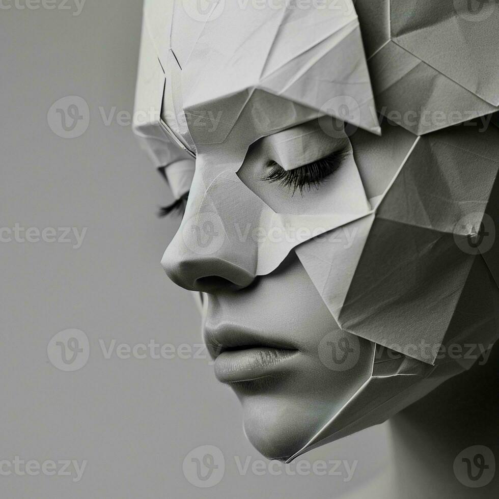 AI Generated BW photo close-up of the face of a young girl in an origami mask with her eyes closed