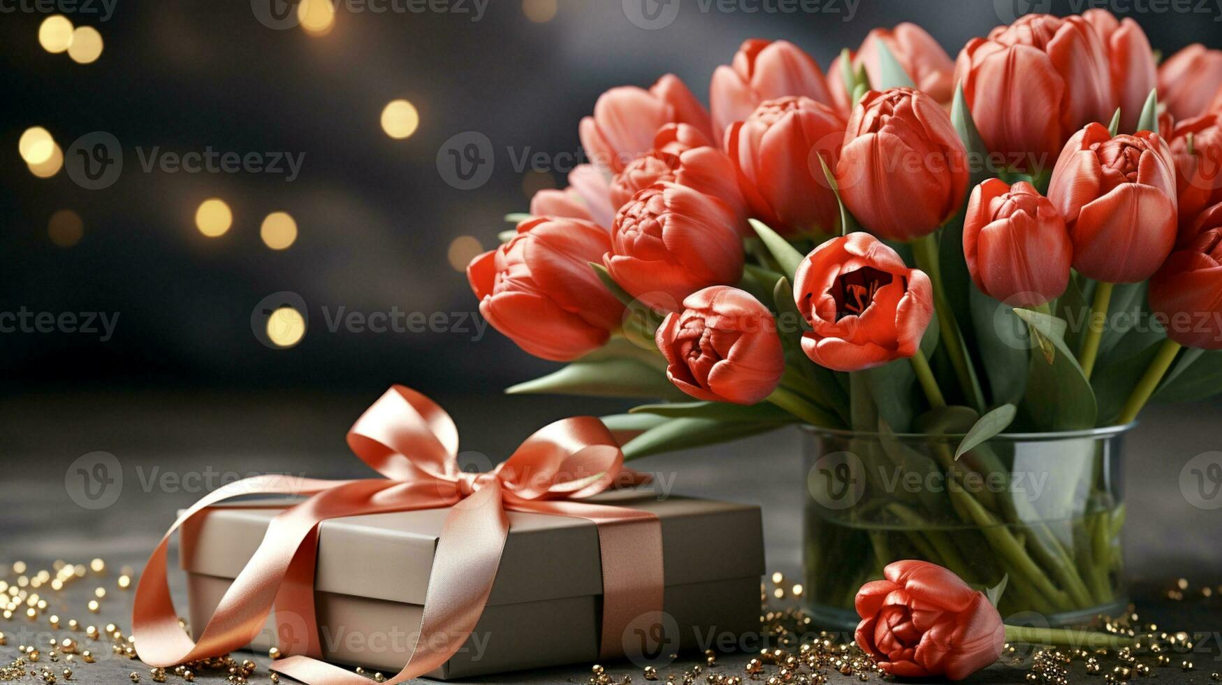 AI Generated In a transparent vase there are red tulips, next to it there is a gift box tied with a scarlet ribbon, in the background there are yellow lights out of focus photo