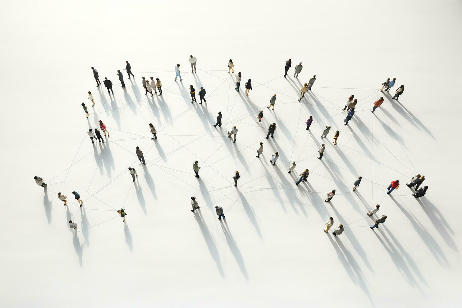 AI generated Aerial view of crowd people connected by lines, social media and communication concept. Top view of men and women isolated on white background with shadows. Staying online, internet photo