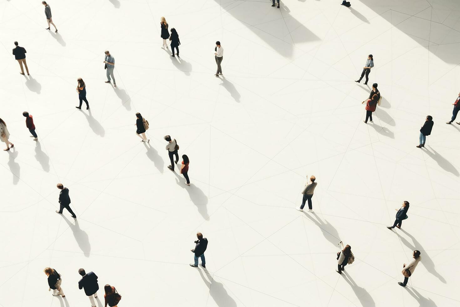 ai generado aéreo ver de multitud personas conectado por líneas, social medios de comunicación y comunicación concepto. parte superior ver de hombres y mujer aislado en blanco antecedentes con oscuridad. quedarse en línea, Internet foto