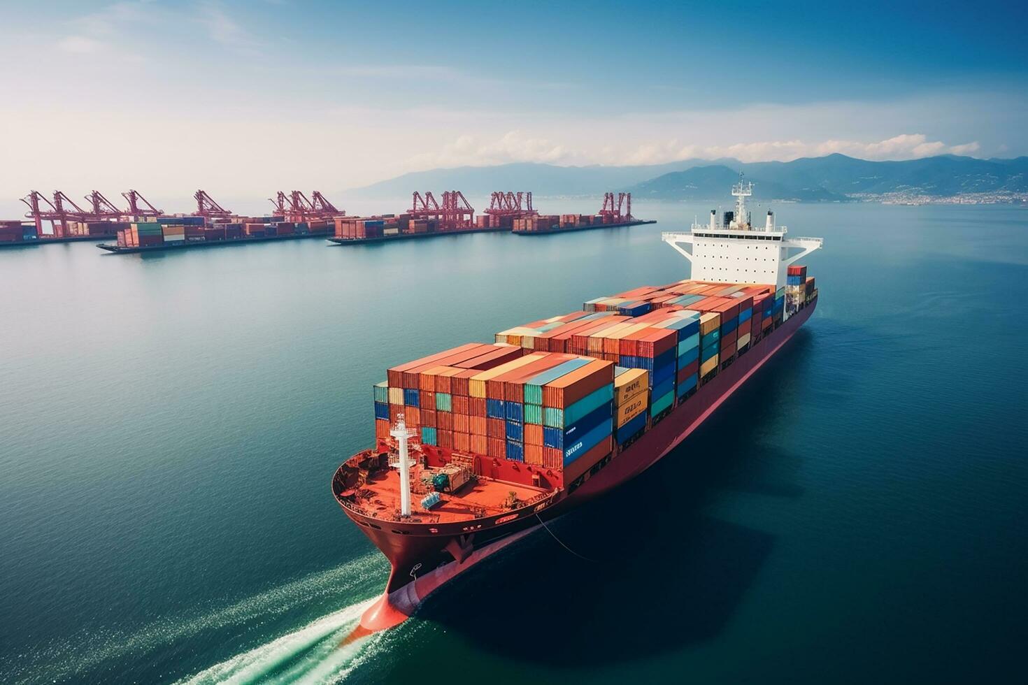 AI generated Aerial top down view of a large container cargo ship in motion over open ocean with copy space photo