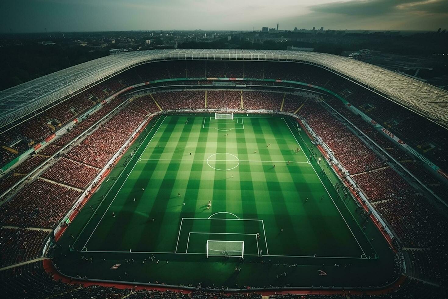 AI generated Aerial Establishing Shot of a Whole Stadium with Soccer Championship Match. Teams Play, Crowd of Fans Cheer. Sports Concept. photo