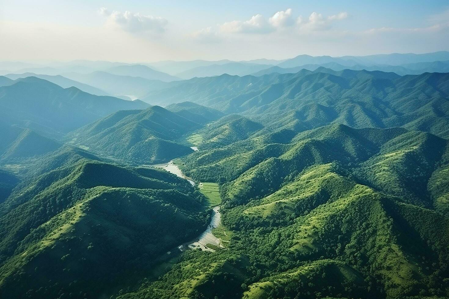 AI generated Mountains in clouds at sunrise in summer. Aerial view of mountain peak with green trees in fog. Beautiful landscape with high rocks, forest, sky. Top view from drone of mountain photo