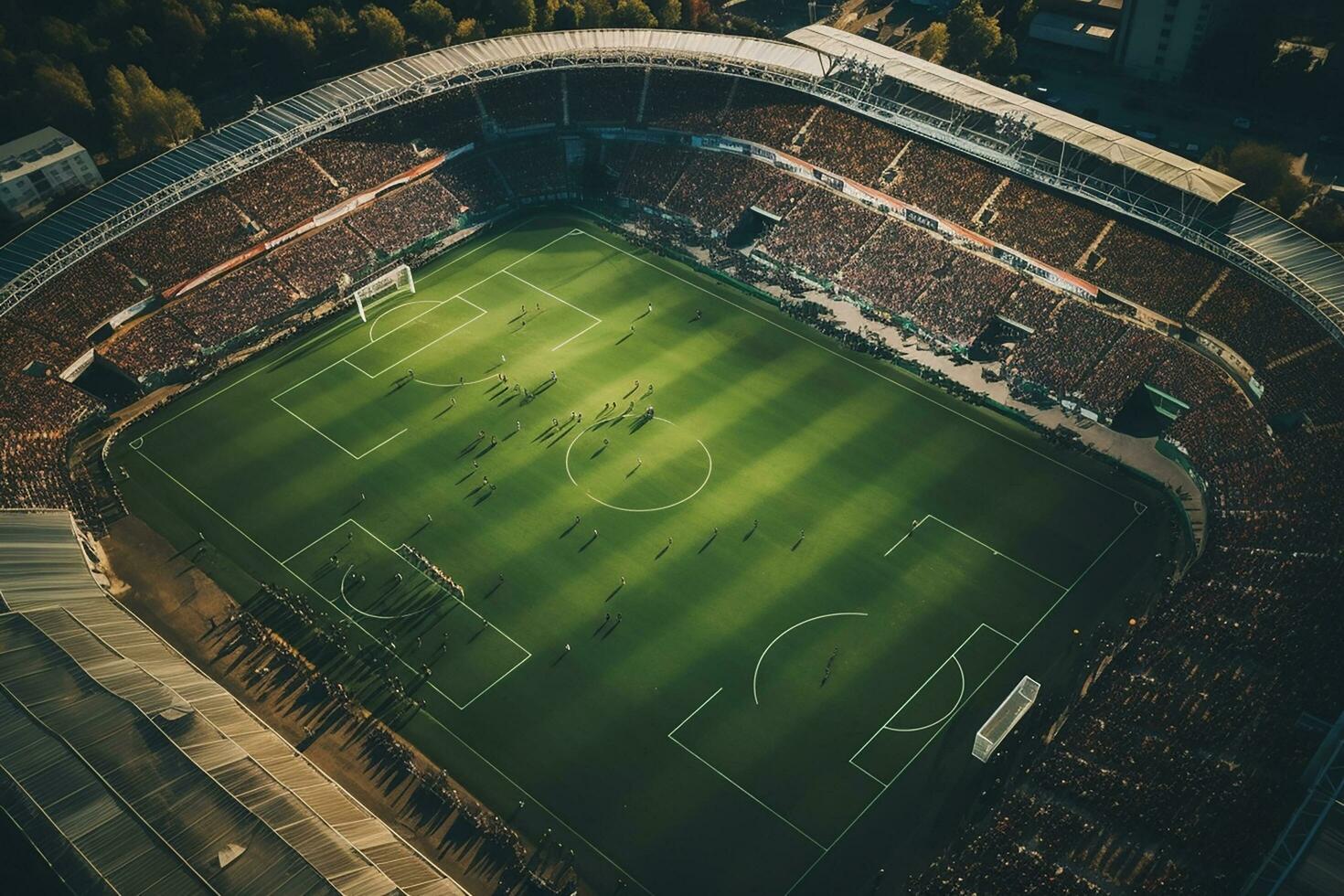 AI generated Aerial Establishing Shot of a Whole Stadium with Soccer Championship Match. Teams Play, Crowd of Fans Cheer. Sports Concept. photo