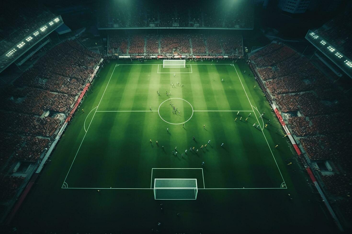 AI generated Aerial Establishing Shot of a Whole Stadium with Soccer Championship Match. Teams Play, Crowd of Fans Cheer. Sports Concept. photo