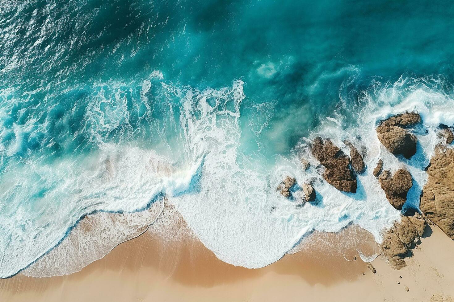 AI generated Top view aerial image from drone of an stunning beautiful sea landscape beach with turquoise water with copy space photo