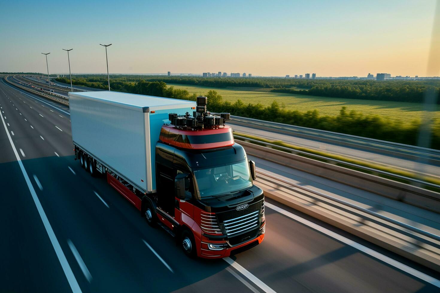 AI generated Advanced Technology Concept Big Truck with Cargo Trailer Drives on the Road is Transformed Futuristic Concept Vehicle photo