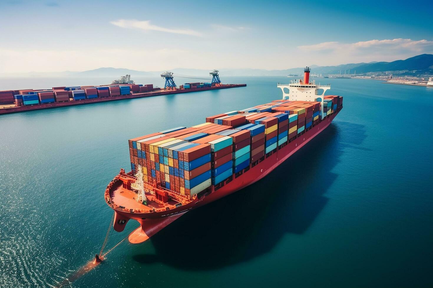 AI generated Aerial top down view of a large container cargo ship in motion over open ocean with copy space photo