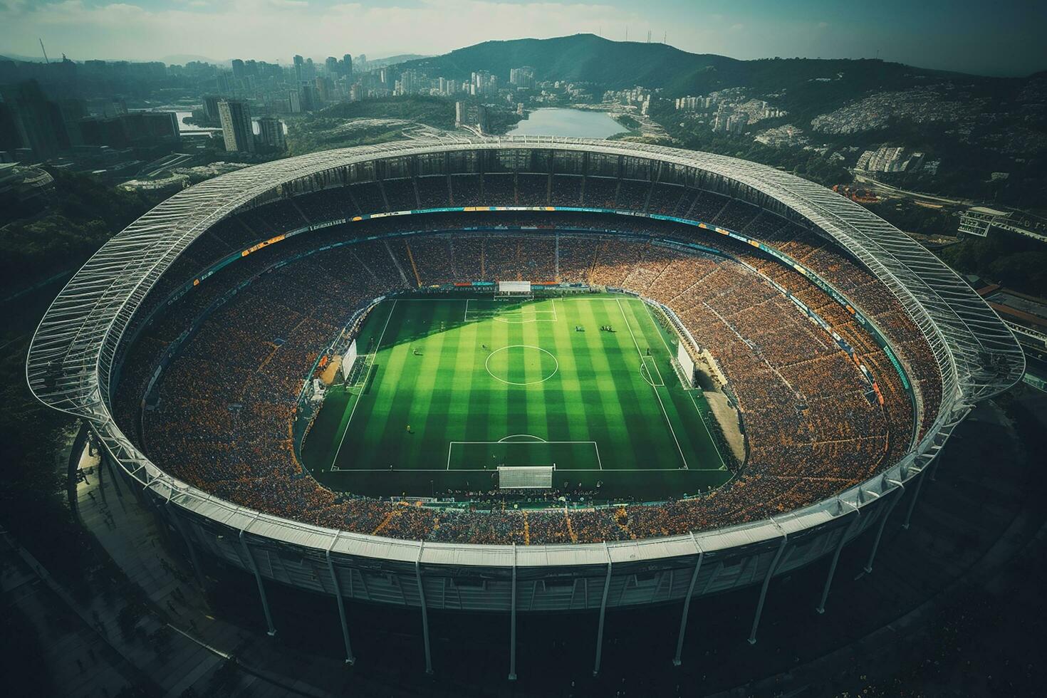 AI generated Aerial Establishing Shot of a Whole Stadium with Soccer Championship Match. Teams Play, Crowd of Fans Cheer. Sports Concept. photo