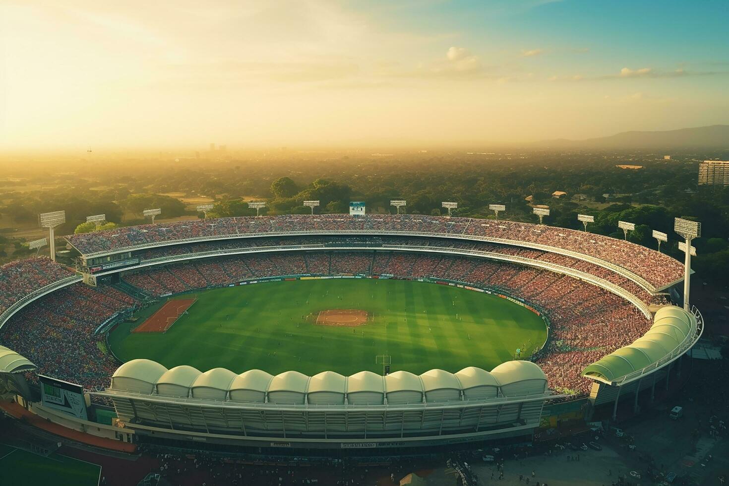 AI generated Aerial Establishing Shot of a Whole Stadium with Soccer Championship Match. Teams Play, Crowd of Fans Cheer. Sports Concept. photo