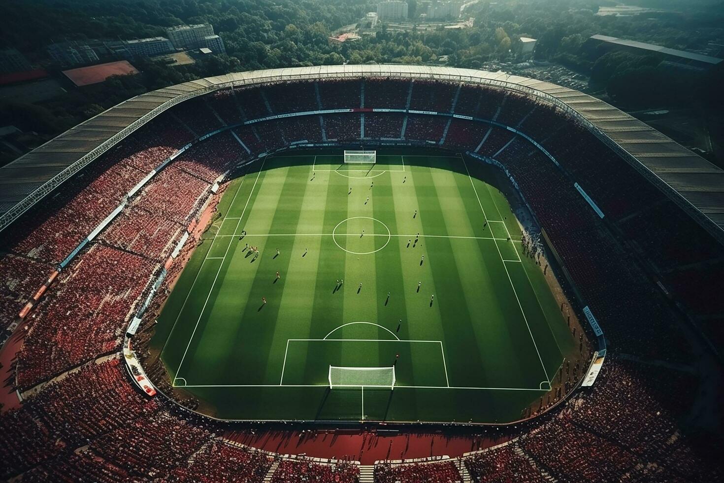 ai generado aéreo estableciendo Disparo de un todo estadio con fútbol campeonato fósforo. equipos jugar, multitud de aficionados alegría. Deportes concepto. foto