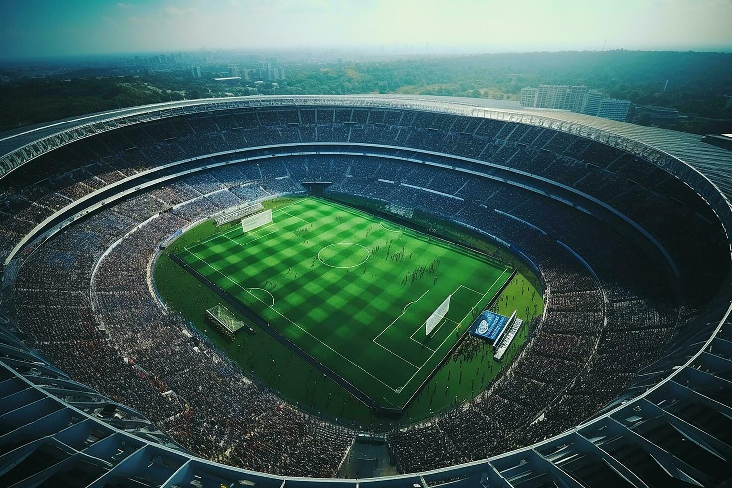 AI generated Aerial Establishing Shot of a Whole Stadium with Soccer Championship Match. Teams Play, Crowd of Fans Cheer. Sports Concept. photo