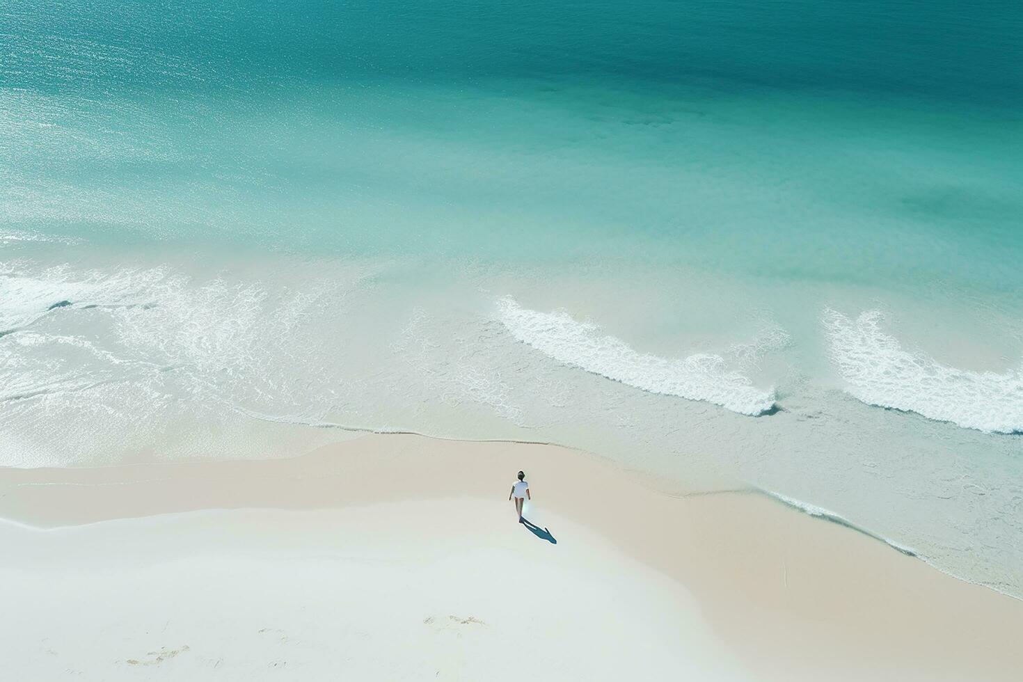 ai generado aéreo ver de increíble playa persona caminando en puesta de sol ligero cerca a turquesa mar. parte superior ver de verano playa paisaje foto