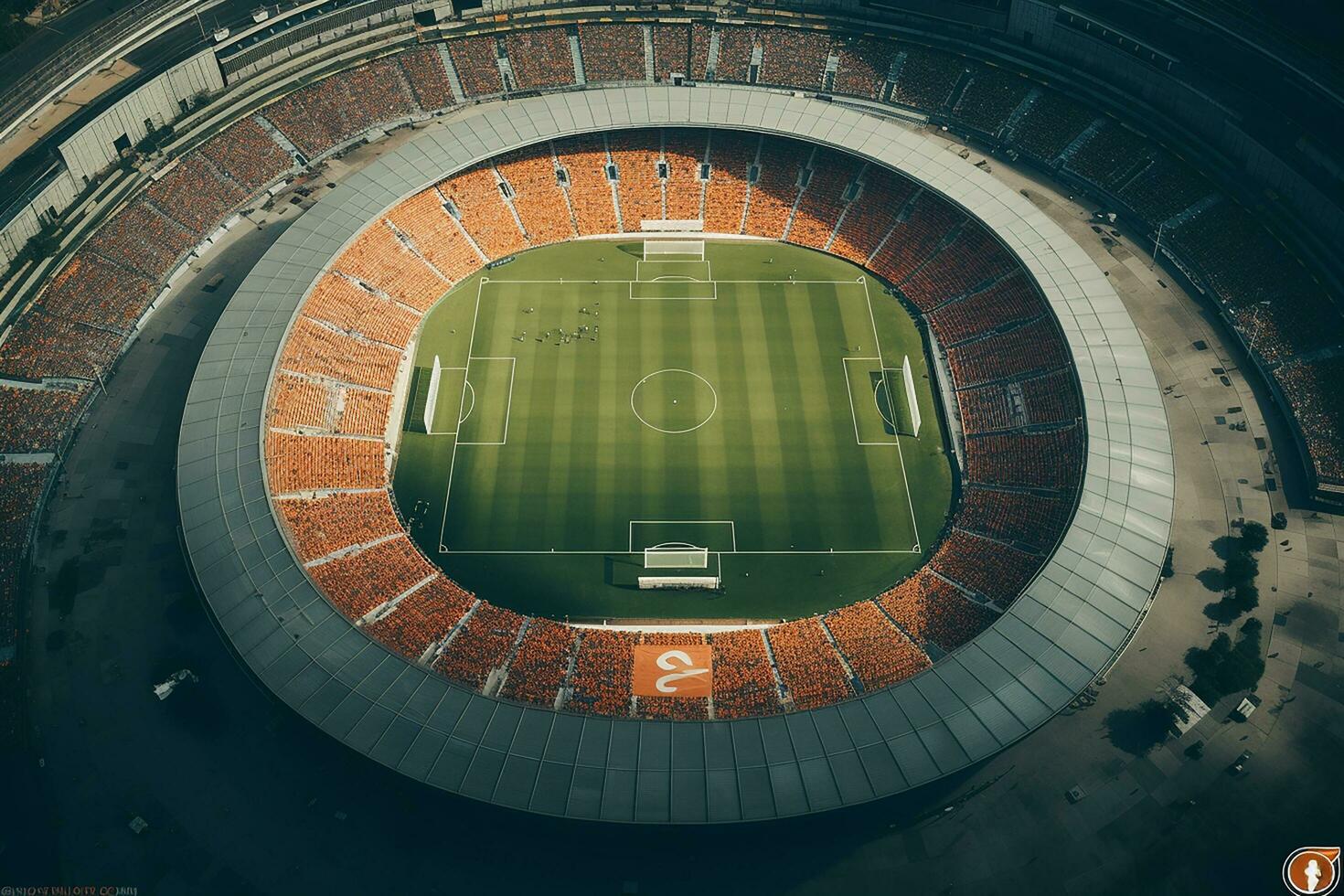 AI generated Aerial Establishing Shot of a Whole Stadium with Soccer Championship Match. Teams Play, Crowd of Fans Cheer. Sports Concept. photo