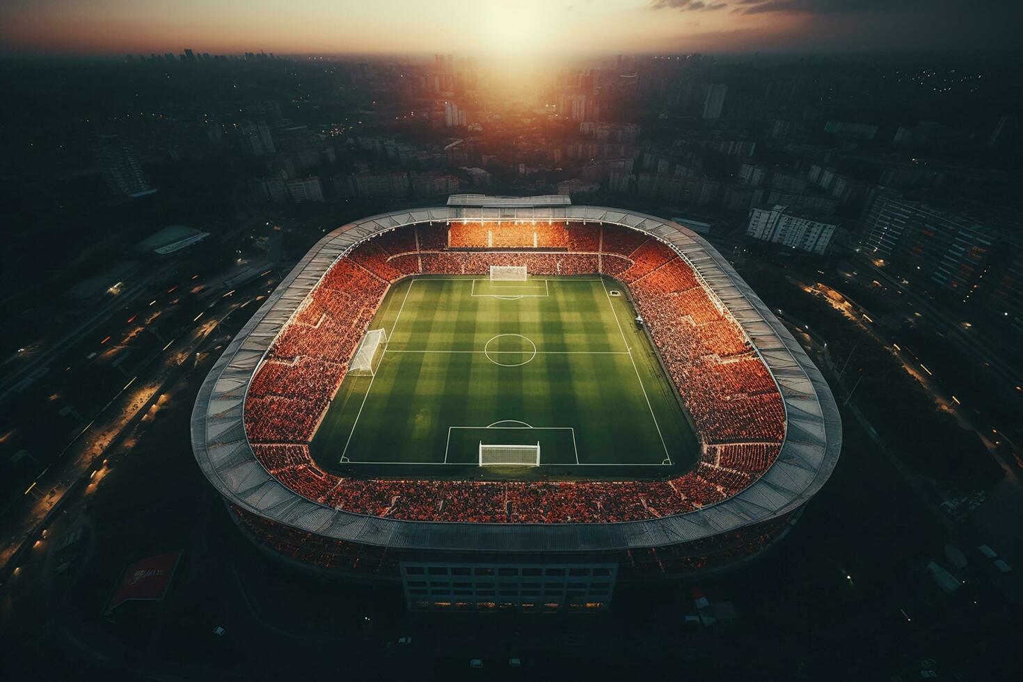 AI generated Aerial Establishing Shot of a Whole Stadium with Soccer Championship Match. Teams Play, Crowd of Fans Cheer. Sports Concept. photo