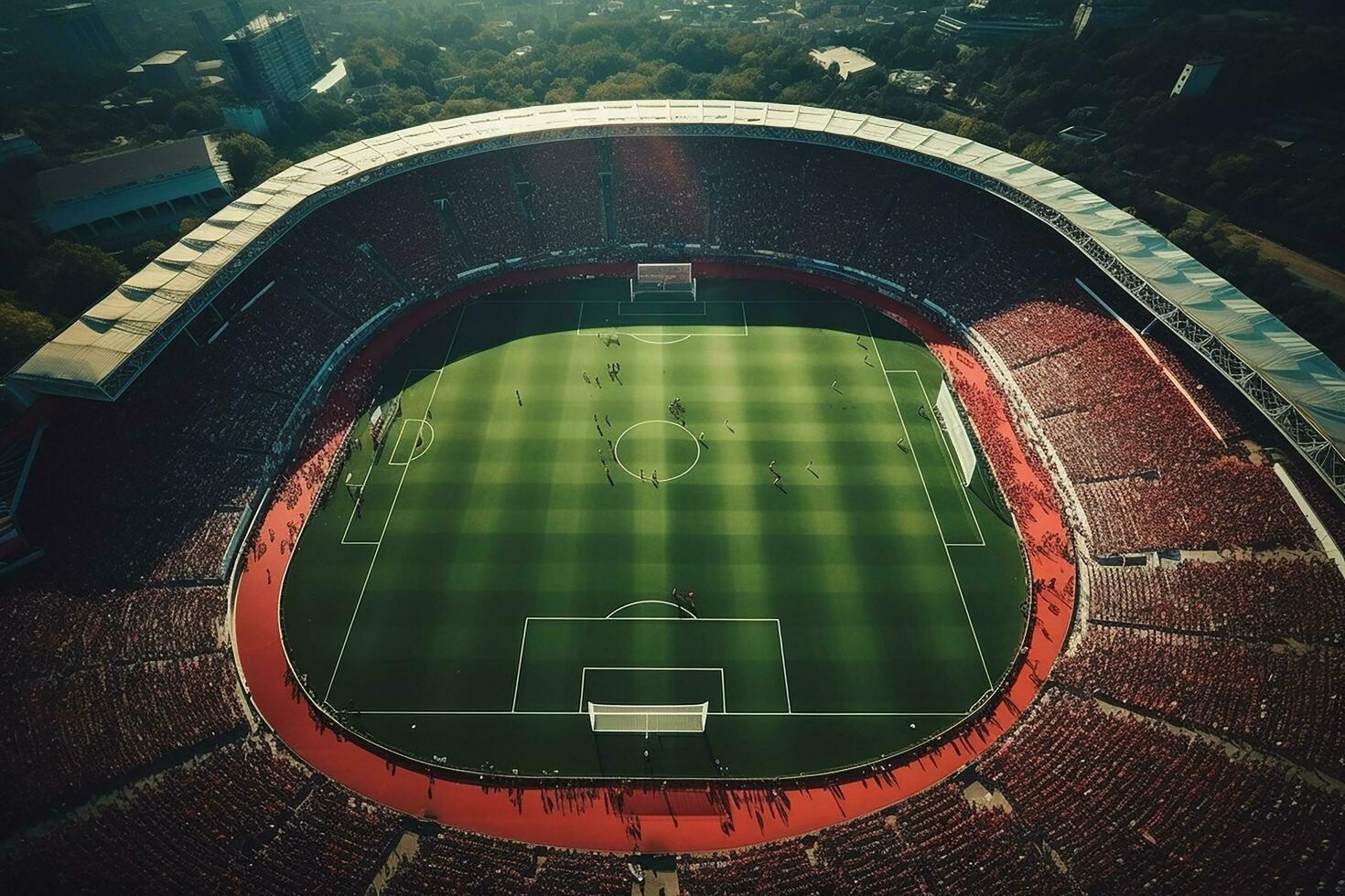 AI generated Aerial Establishing Shot of a Whole Stadium with Soccer Championship Match. Teams Play, Crowd of Fans Cheer. Sports Concept. photo