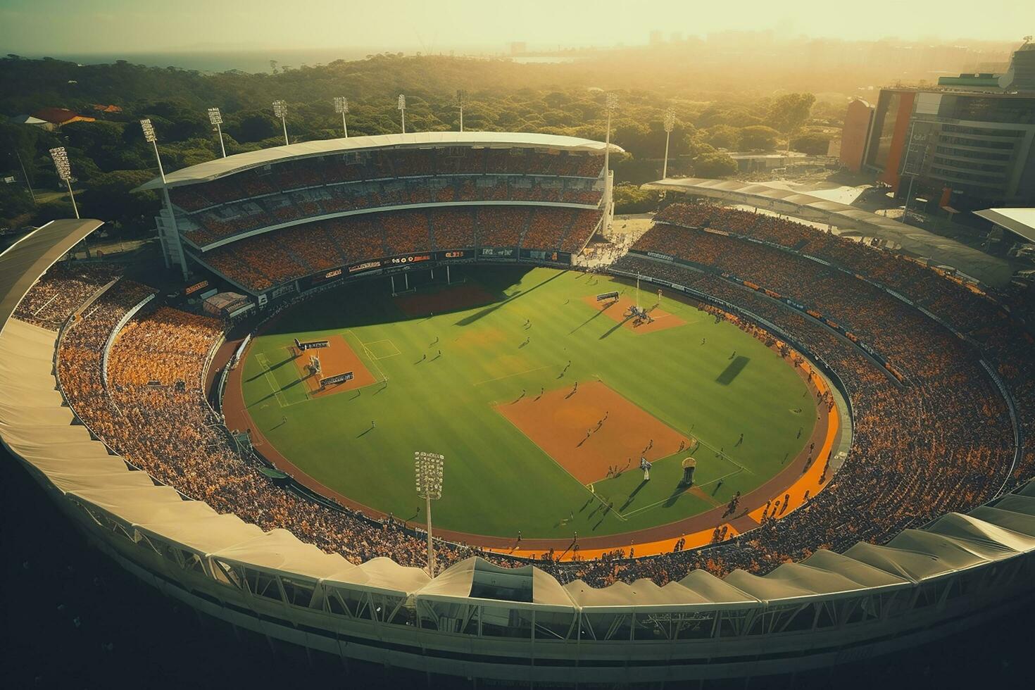 ai generado aéreo estableciendo Disparo de un todo estadio con fútbol campeonato fósforo. equipos jugar, multitud de aficionados alegría. Deportes concepto. foto