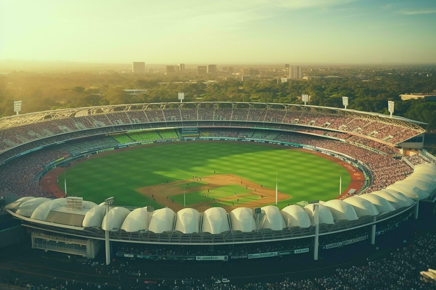 AI generated Aerial Establishing Shot of a Whole Stadium with Soccer Championship Match. Teams Play, Crowd of Fans Cheer. Sports Concept. photo