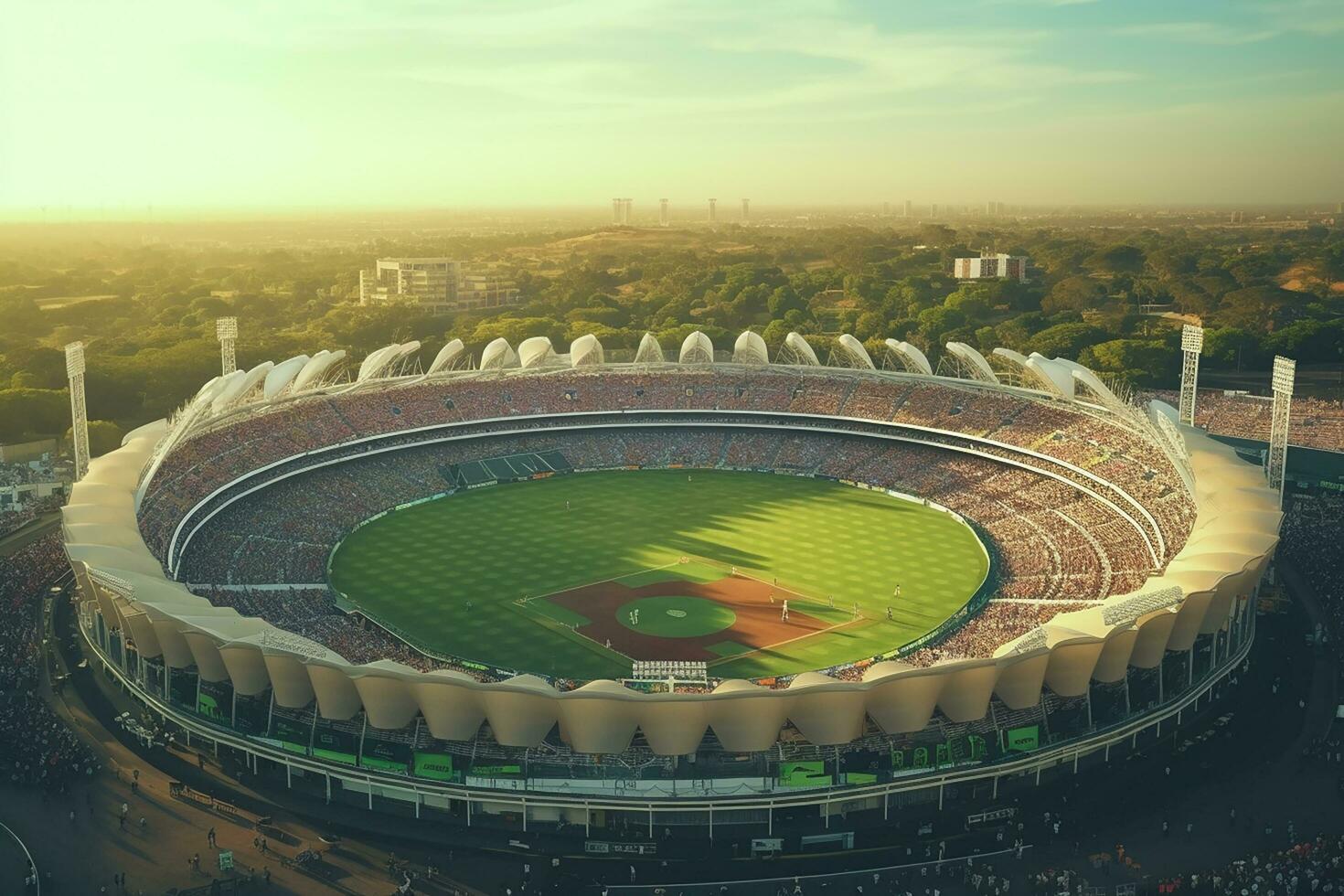 AI generated Aerial Establishing Shot of a Whole Stadium with Soccer Championship Match. Teams Play, Crowd of Fans Cheer. Sports Concept. photo