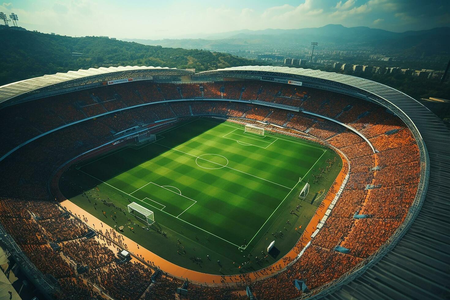 AI generated Aerial Establishing Shot of a Whole Stadium with Soccer Championship Match. Teams Play, Crowd of Fans Cheer. Sports Concept. photo
