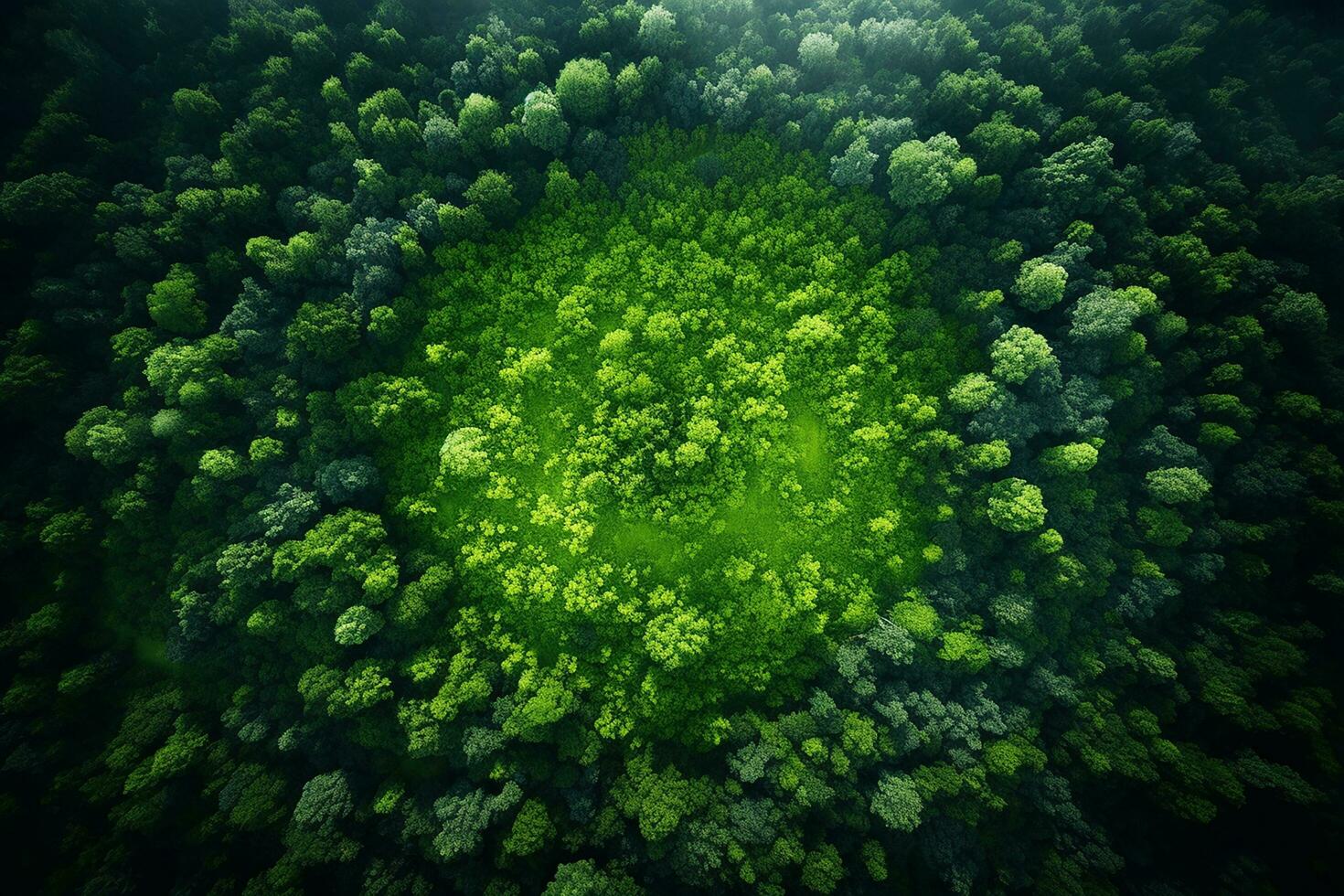 AI generated Aerial view of over dark pine forest trees. Top down drone view. photo
