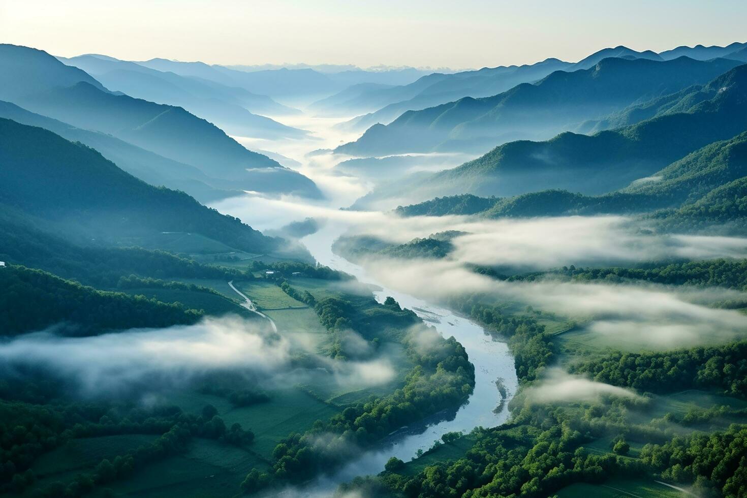 AI generated Amazing aerial view of beautiful low clouds creeping on the tree-covered mountain slopes photo