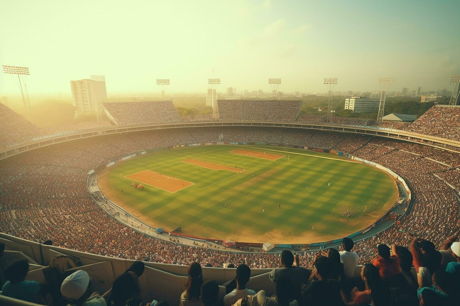 AI generated Aerial Establishing Shot of a Whole Stadium with Soccer Championship Match. Teams Play, Crowd of Fans Cheer. Sports Concept. photo