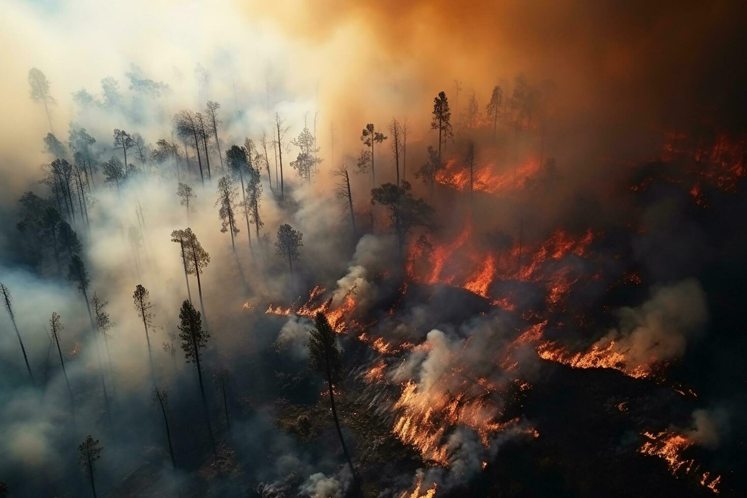 ai generado bosque fuego, natural desastre, desenfrenado fuego ardiente arboles y césped. fumar desde un fuego terminado el bosque. 3d representación foto