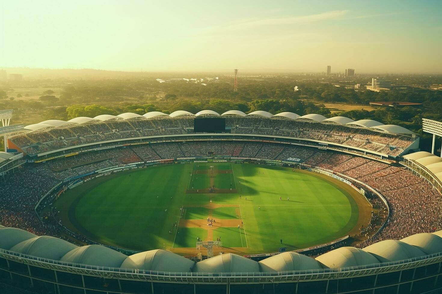 AI generated Aerial Establishing Shot of a Whole Stadium with Soccer Championship Match. Teams Play, Crowd of Fans Cheer. Sports Concept. photo