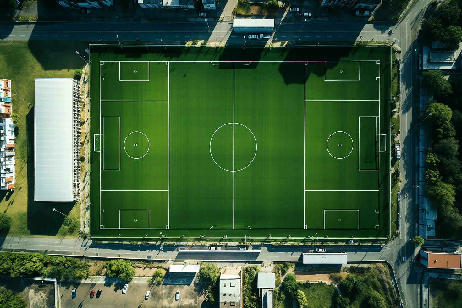 ai generado verde fútbol campo o fútbol americano campo parte superior ver con realista césped textura y siega patrón, realista fútbol americano tono foto