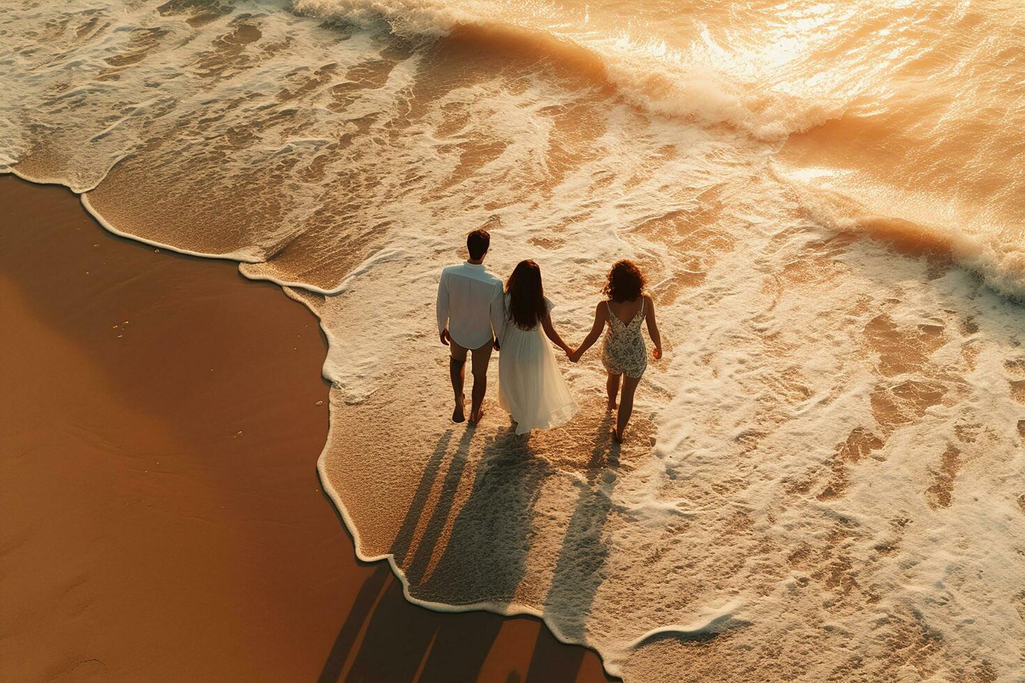 ai generado aéreo ver de increíble playa Pareja caminando en puesta de sol ligero cerca a turquesa mar. parte superior ver de verano playa paisaje foto