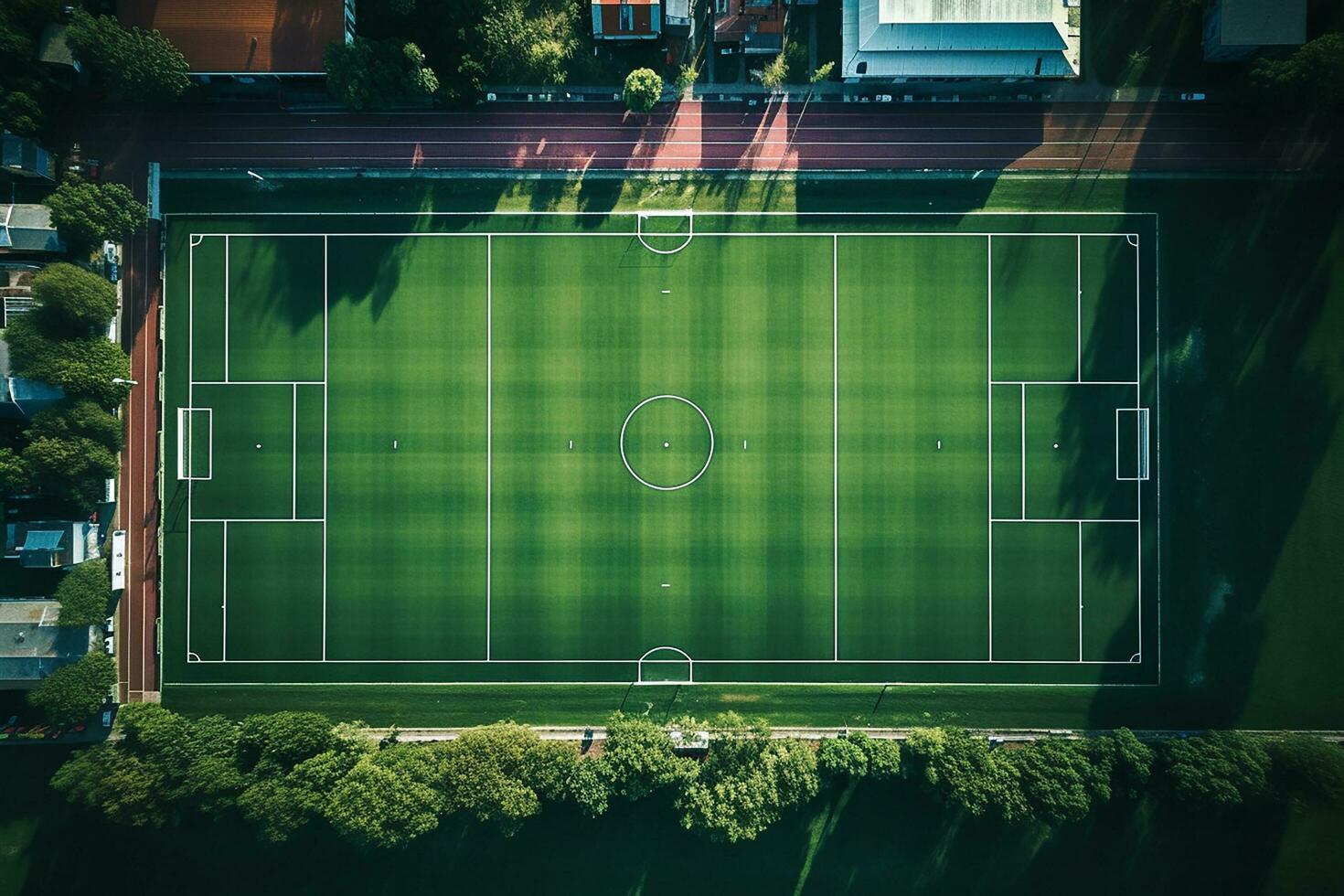 AI generated Green Soccer Field or Football Field Top View with Realistic Grass Texture and Mowing Pattern, Realistic Football Pitch photo
