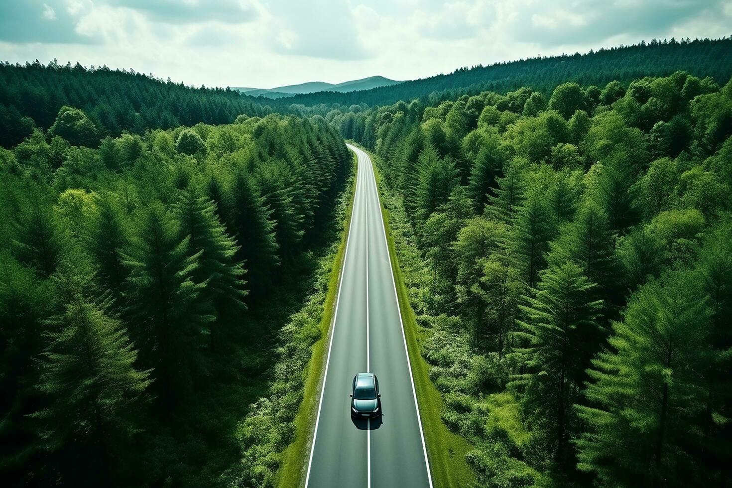 AI generated Aerial view of a road in the middle of the forest photo