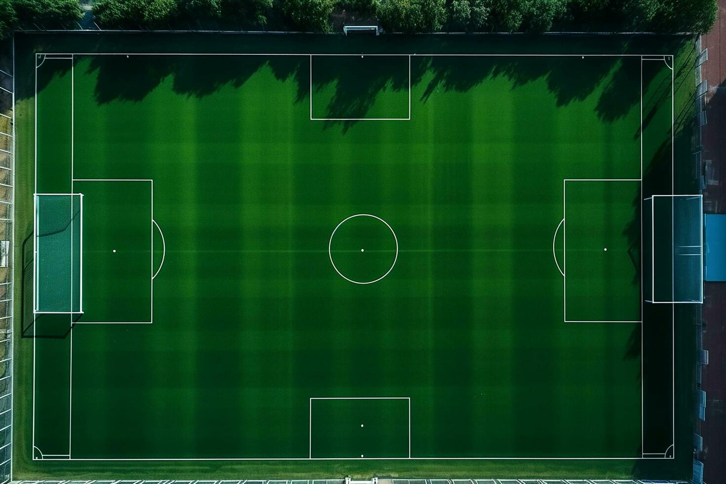 ai generado verde fútbol campo o fútbol americano campo parte superior ver con realista césped textura y siega patrón, realista fútbol americano tono foto