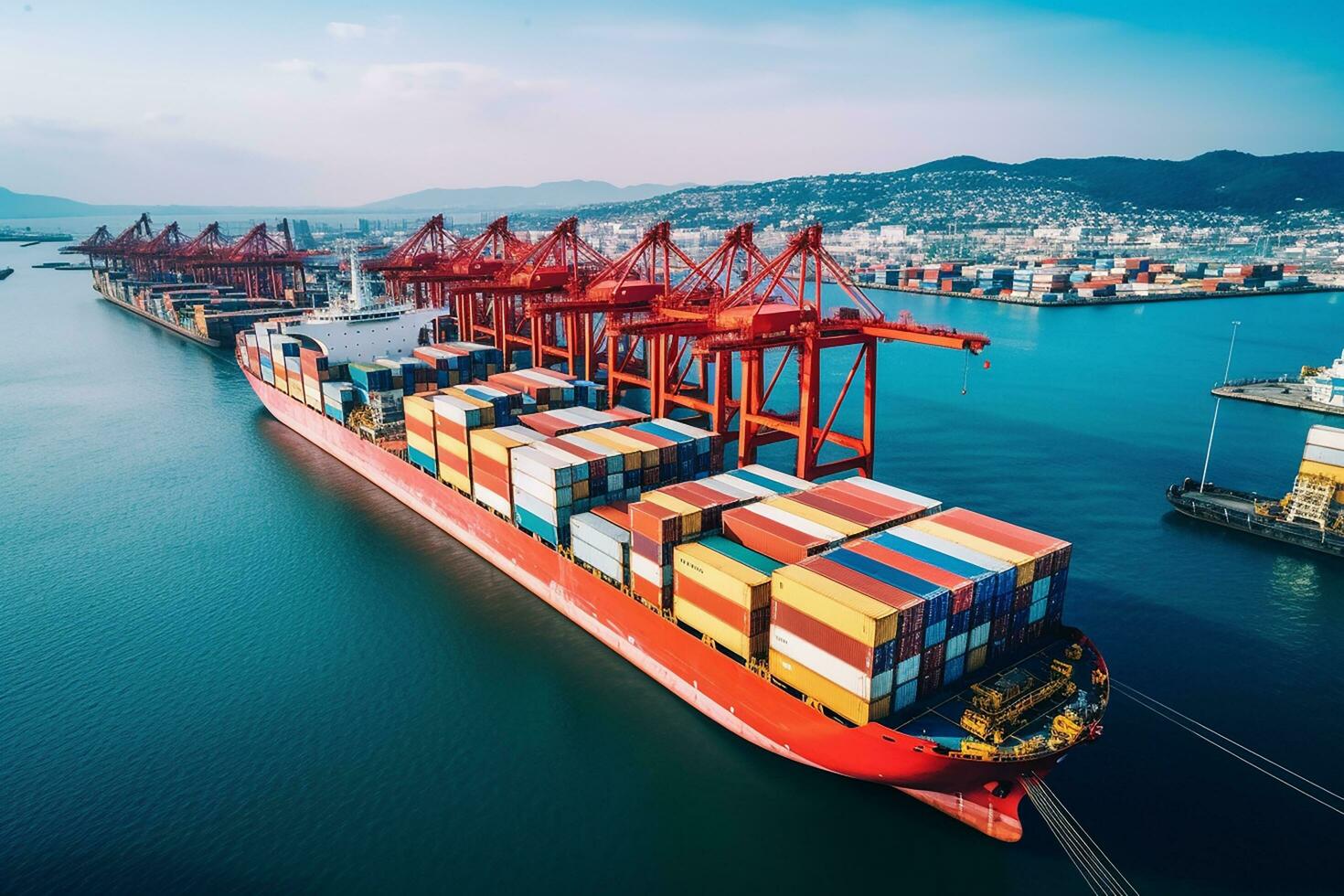 AI generated Aerial top down view of a large container cargo ship in motion over open ocean with copy space photo