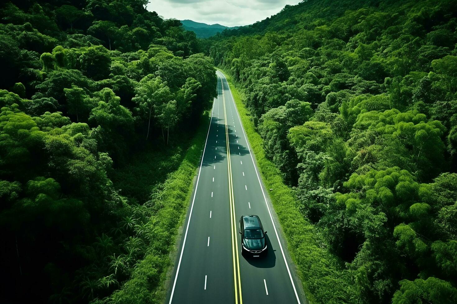 ai generado aéreo ver de un la carretera en el medio de el bosque foto