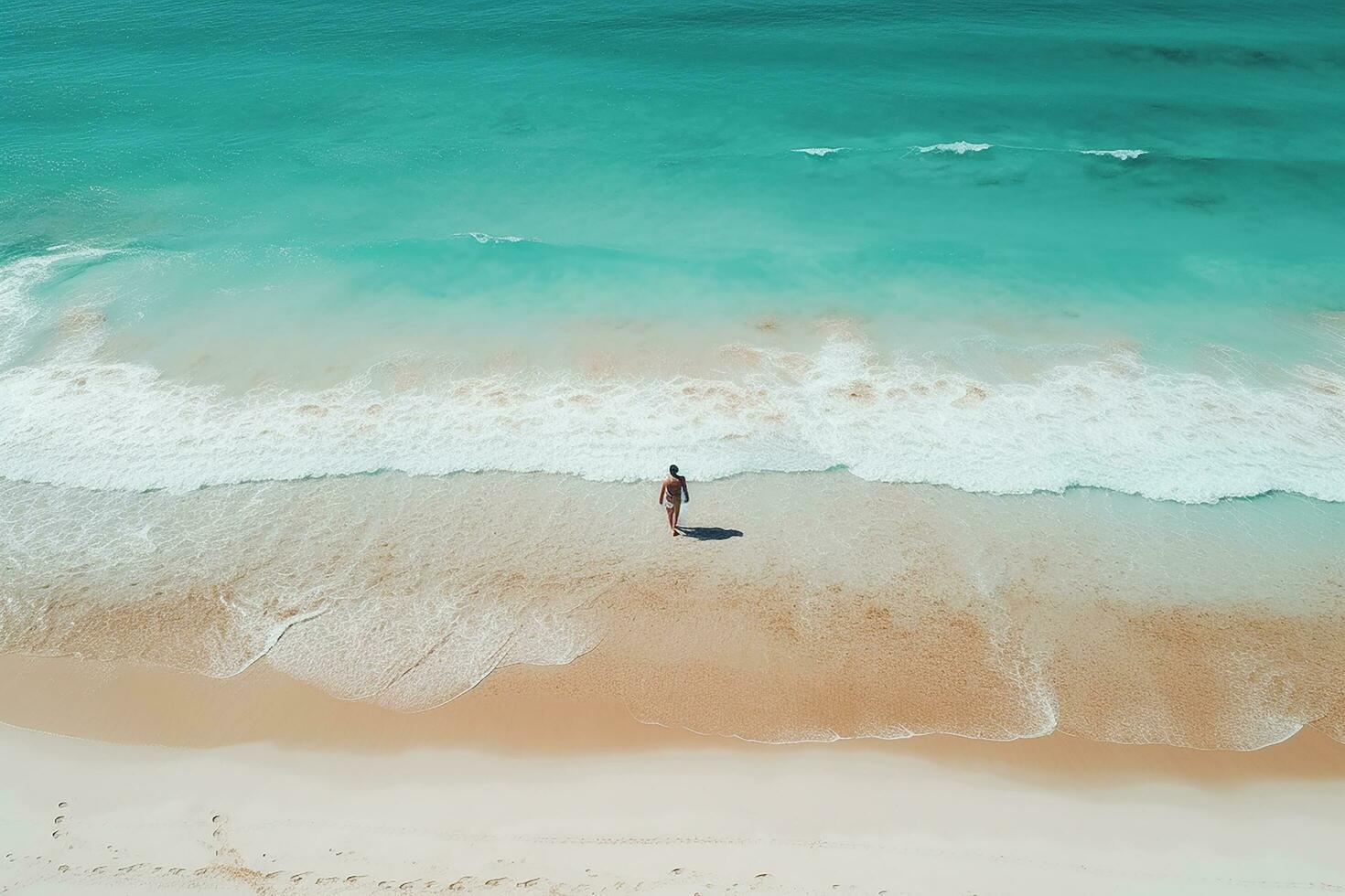 ai generado aéreo ver de increíble playa persona caminando en puesta de sol ligero cerca a turquesa mar. parte superior ver de verano playa paisaje foto