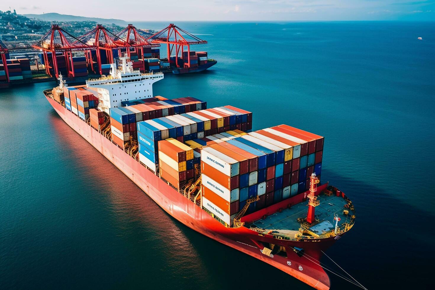 AI generated Aerial top down view of a large container cargo ship in motion over open ocean with copy space photo