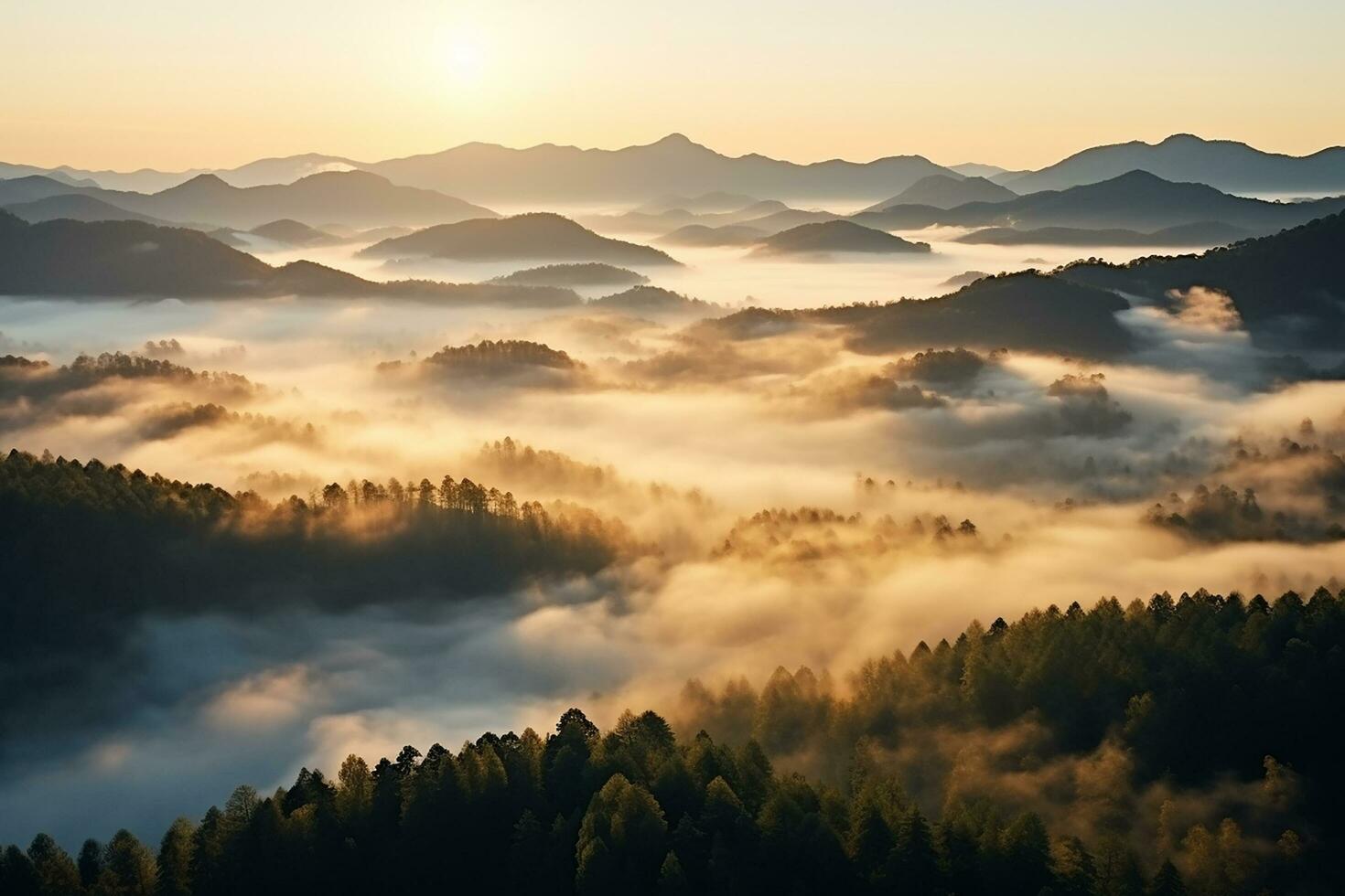AI generated Amazing aerial view of beautiful low clouds creeping on the tree-covered mountain slopes photo