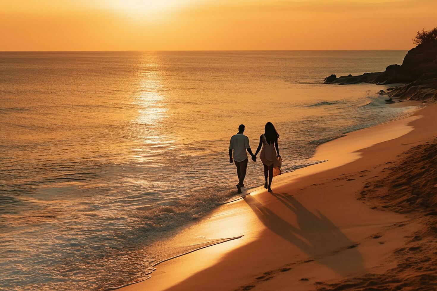 ai generado aéreo ver de increíble playa Pareja caminando en puesta de sol ligero cerca a turquesa mar. parte superior ver de verano playa paisaje foto